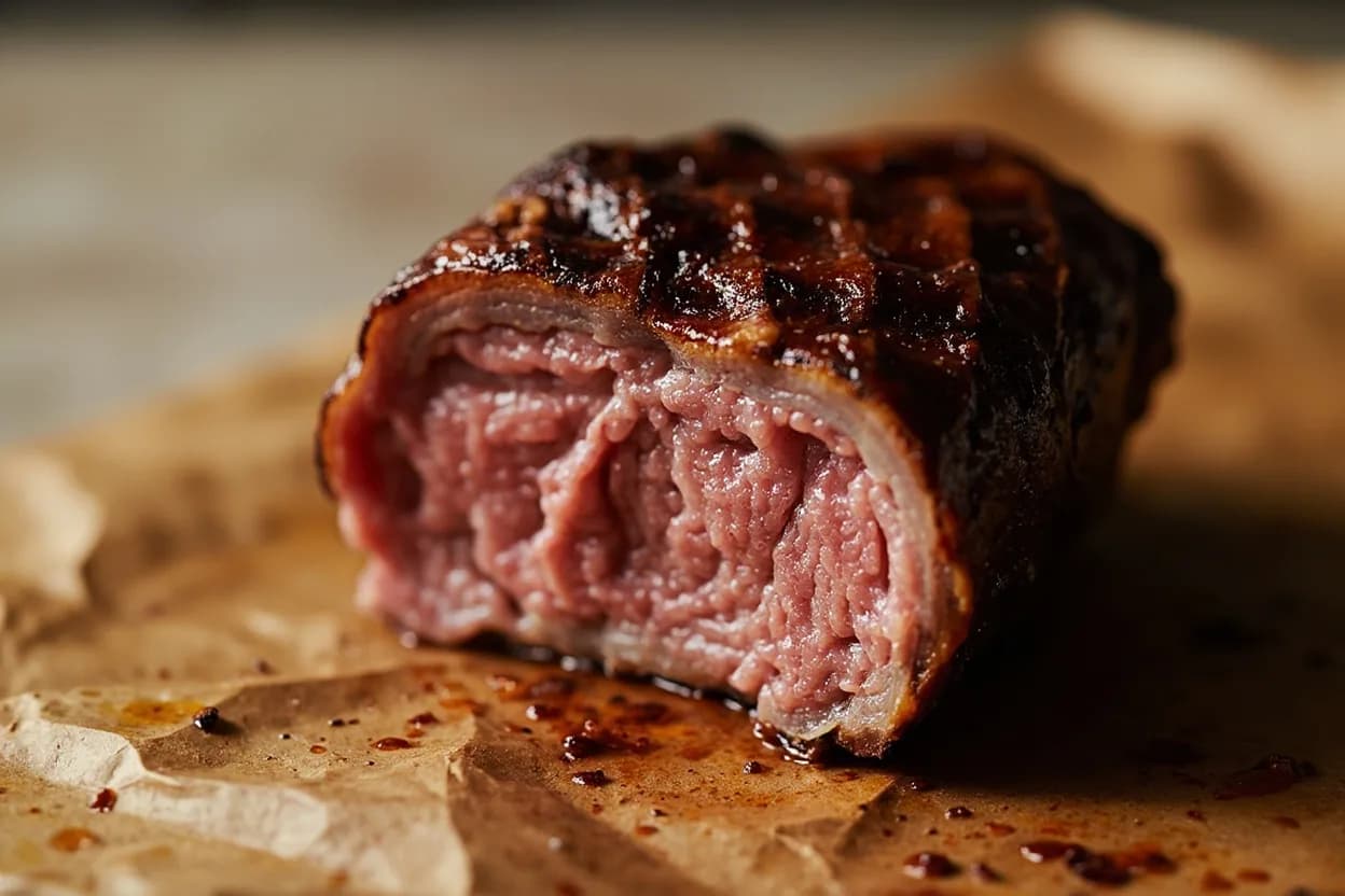 Beef Heart (Anticucho) Internal Temperature at 60–65°C (140–149°F) for char-grilled anticucho style. Cardiac muscle fibers are shorter and more tightly bound than skeletal muscle, with high concentrations of myoglobin (giving heart its deep red-purple color) and minimal intramuscular fat. Visual cues: Cut surface shows uniform grey-pink, not raw red-purple; no translucency in the center, Exterior has deep char marks from high-heat grilling, with slightly caramelized marinade, Meat springs back firmly under finger pressure without feeling hard or compressed.