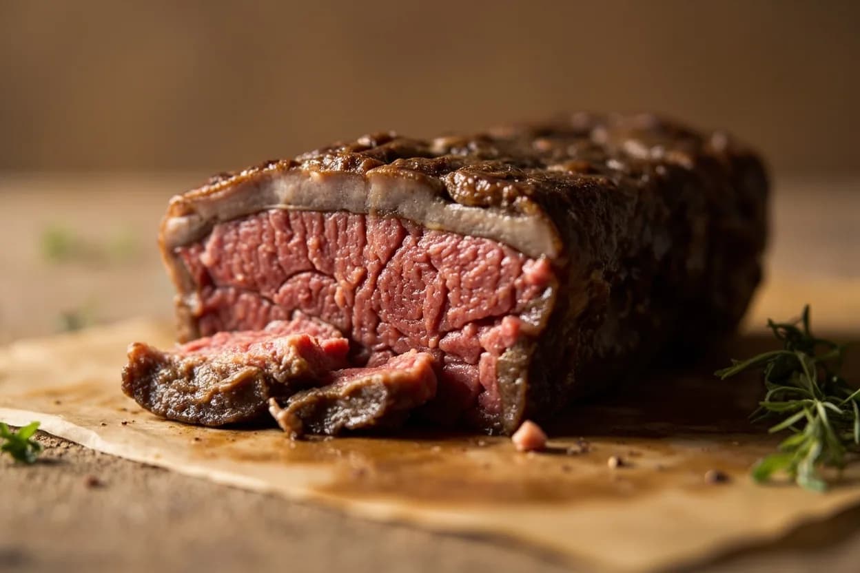 Beef: Medium-Well at 68°C / 155°F. At 68°C, both myosin and actin are substantially denatured, causing significant muscle fiber contraction and moisture expulsion. Visual cues: Grey-brown throughout, with only a faint pink blush at the center or none visible, Thoroughly hot and uniform in temperature when cut, Firm and springy under thumb — significantly more resistance than medium.