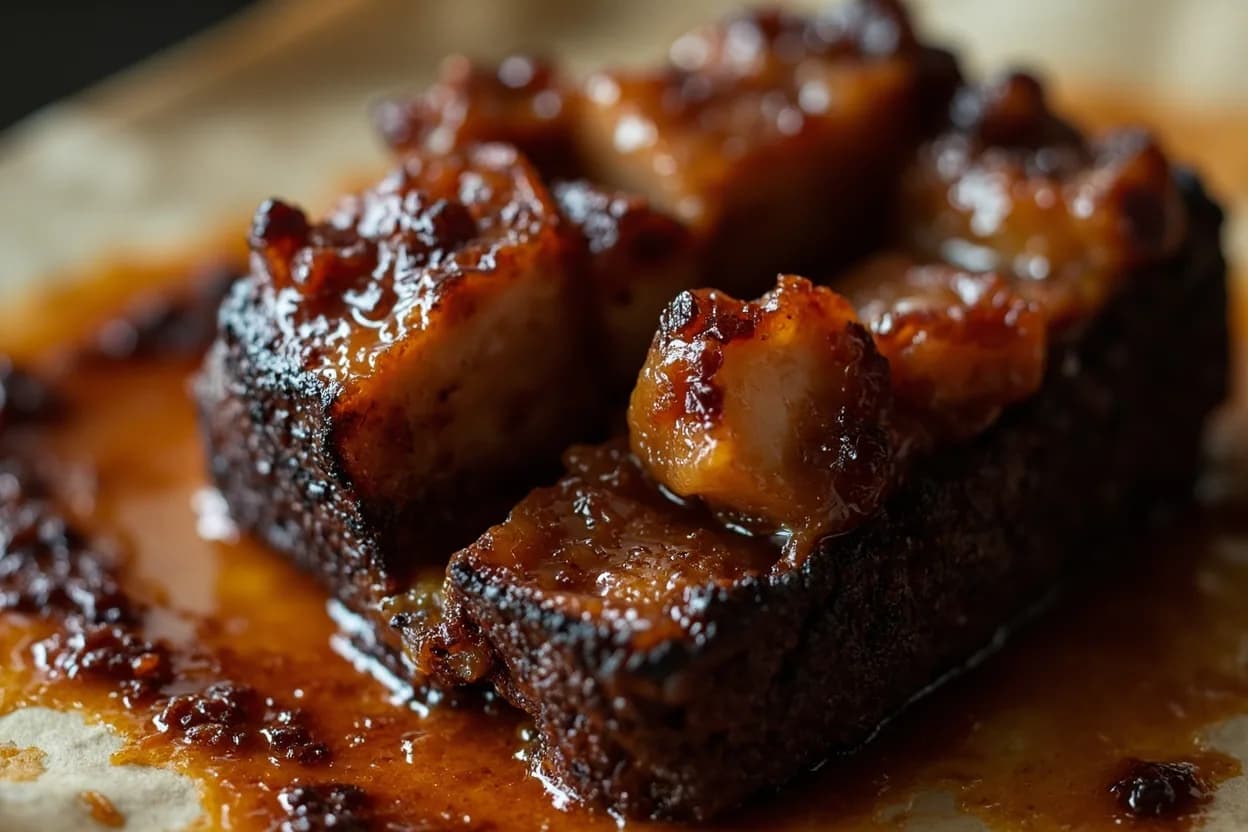 Burnt Ends Caramelization Stage at Smoker/oven ambient: 135–165°C (275–325°F); internal temp of cubes exceeds 93°C (200°F) throughout. During the secondary cook, multiple reactions drive the caramelization stage. Visual cues: Surface of cubes is deeply mahogany to near-black, dry to the touch but with a lacquered sheen, Cubes hold their shape but yield immediately to gentle pressure — not rubbery or springy, Sauce has visibly reduced and set on the surface rather than pooling in the pan.