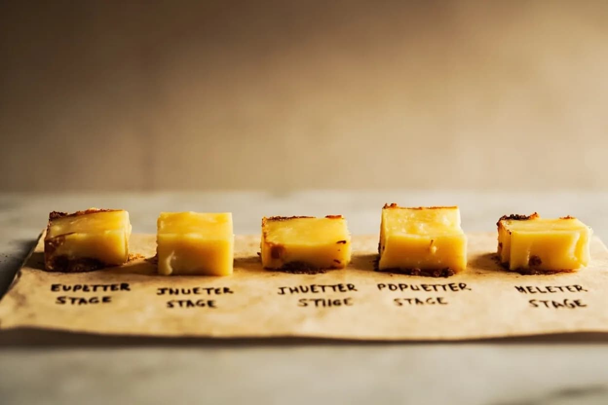 Cheese Melting & Stretch Temperature in context — the stages just below and above, side-by-side. Cheese melting is a two-stage process: first the fat liquefies (around 32°C/90°F), then the protein matrix softens and releases. Target reference 55–66°C (131–151°F) depending on moisture and acid content.