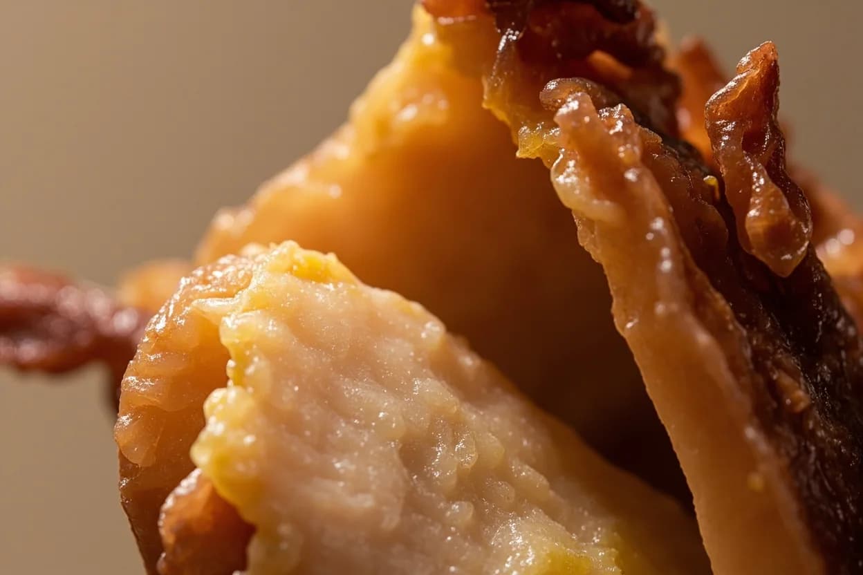 Crispy Skin: Chicharrón & Suckling Pig Crackle Point at 200–250°C surface (392–482°F); internal flesh ≥74°C (165°F). Below 150°C, skin stays leathery — collagen has gelled but water cannot escape fast enough. Visual cues: Audible crackling and blistering sound as skin begins to puff, Skin shifts from translucent pale gold to opaque, matte white-gold bubbles, Surface becomes visibly rigid and brittle — tapping with a spoon produces a hollow knock.