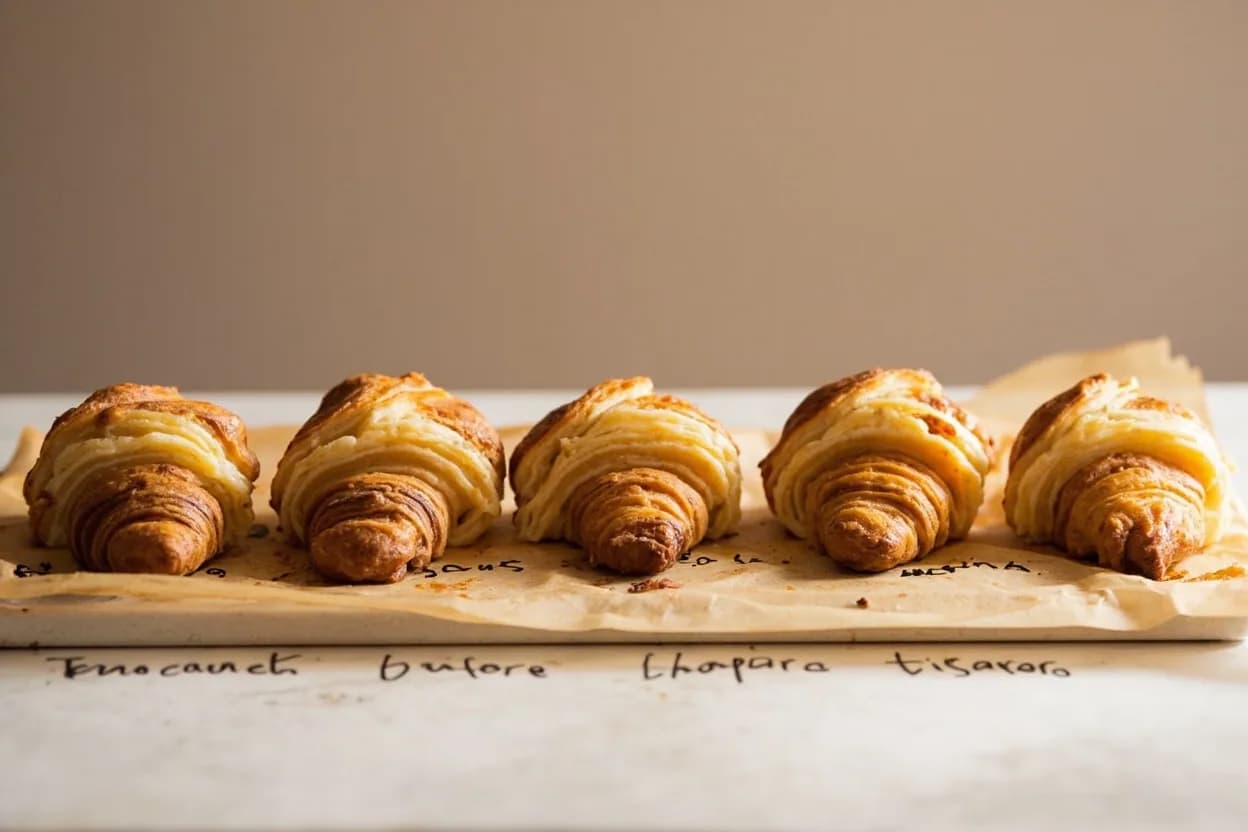 Croissant Internal Temperature in context — the stages just below and above, side-by-side. Croissants occupy a precise baking window determined by the behavior of laminated butter doughs. Target reference 88–93°C (190–200°F).