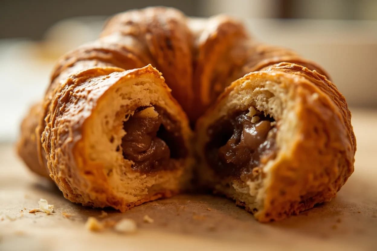 Croissant Internal Temperature at 88–93°C (190–200°F). As the croissant bakes, butter between the dough layers melts and the water in the butter flash-vaporizes into steam, forcing the thin dough sheets apart to create hundreds of distinct flaky layers. Visual cues: Deep, even mahogany-amber color from base to crown — pale gold indicates underbaking, dark brown with cracked layers indicates overbaking, The exterior shell shatters audibly when pressed lightly — a hollow, glassy crunch, When held to the ear and pressed gently, a well-baked croissant crackles and crunches.