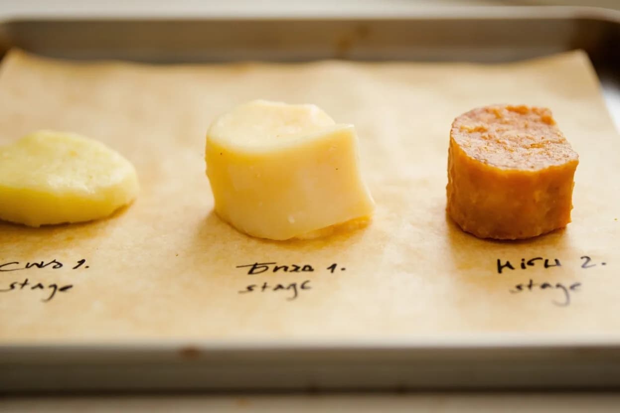 Curd Cooking Temperature (Low-Cook vs. High-Cook Cheeses) in context — the stages just below and above, side-by-side. After milk is coagulated and the gel is cut into curds, cheesemakers apply heat — a step called 'cooking the curd' or 'scalding' — to cause syneresis: the curd granules contract and expel whey. Target reference Low-cook 30–38°C (86–100°F); High-cook 48–58°C (118–136°F).