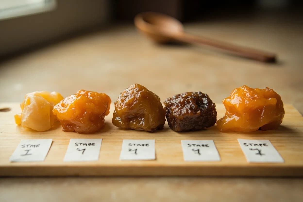 Doenjang & Ganjang Fermentation Maturity in context — the stages just below and above, side-by-side. Doenjang (된장, fermented soybean paste) and ganjang (간장, soy sauce) are both derived from meju — sun-dried bricks of cooked, inoculated soybeans colonized by Aspergillus oryzae, Bacillus subtilis, and… Target reference Ambient fermentation: 10–25°C (50–77°F) through seasons; optimal active phase 15–20°C (59–68°F).