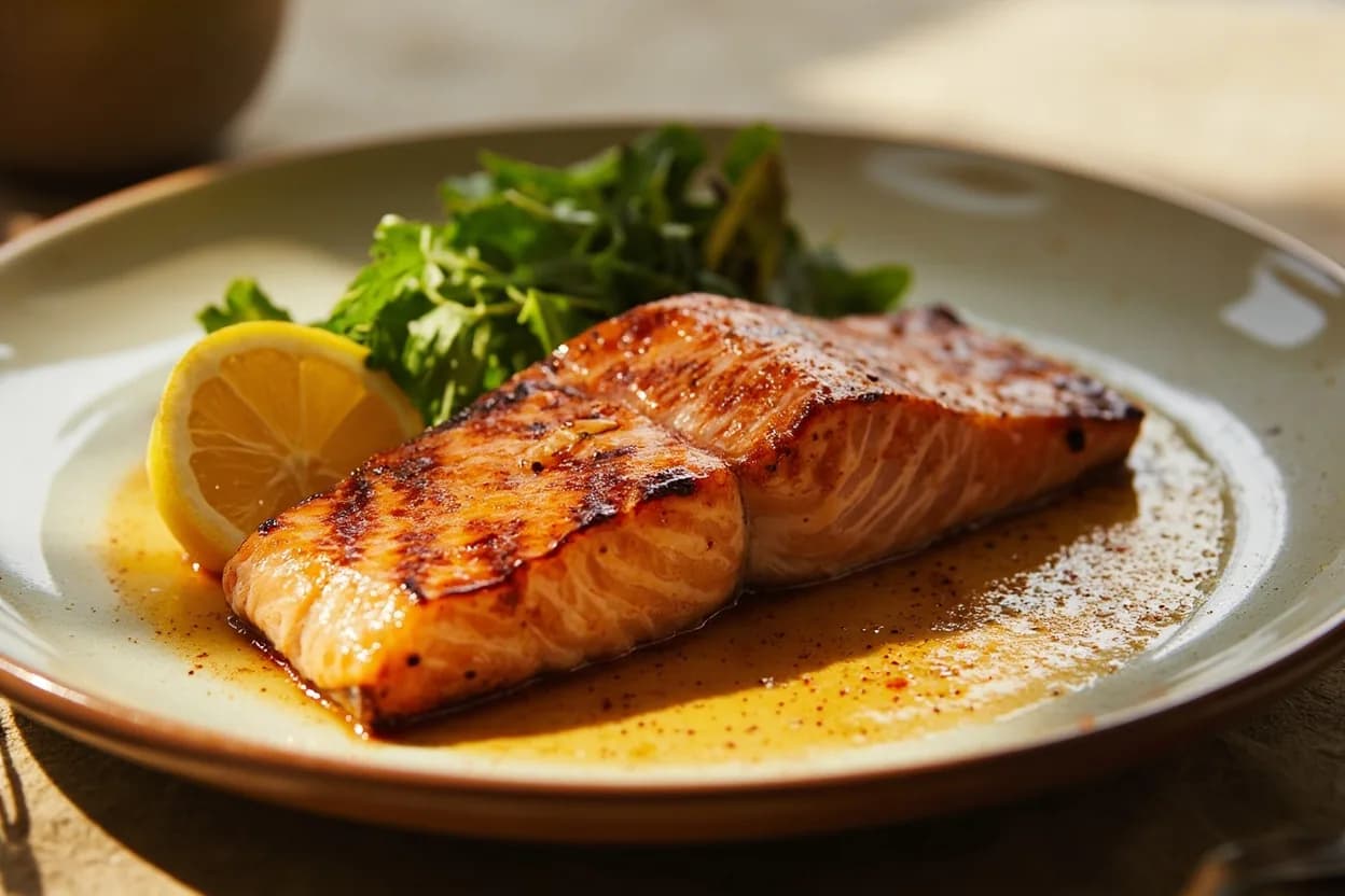 Fish: Flake Test (Visual Doneness) in practice — Pan-seared salmon fillet. Different fish have different optimal flaking temperatures and textures.