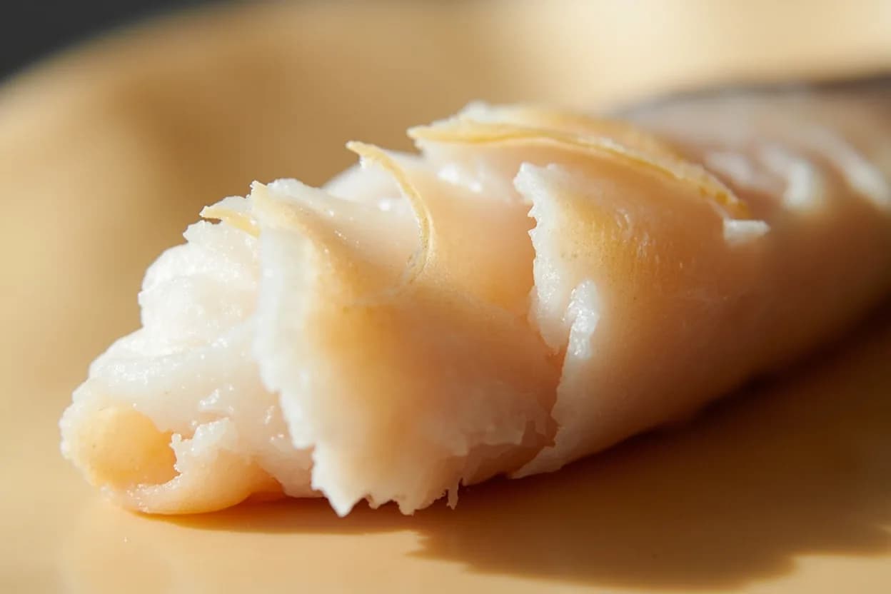 Fish: Flake Test (Visual Doneness) at 50–60°C / 122–140°F depending on species and desired texture. Heat denatures myosin proteins beginning around 40°C, causing initial firming. Visual cues: Flesh shifts from translucent grey or pink to fully opaque white, cream, or pale gold, Gentle pressure with a fork causes segments to separate cleanly and completely, Flakes are moist with a slight sheen; no white albumin seeping excessively.