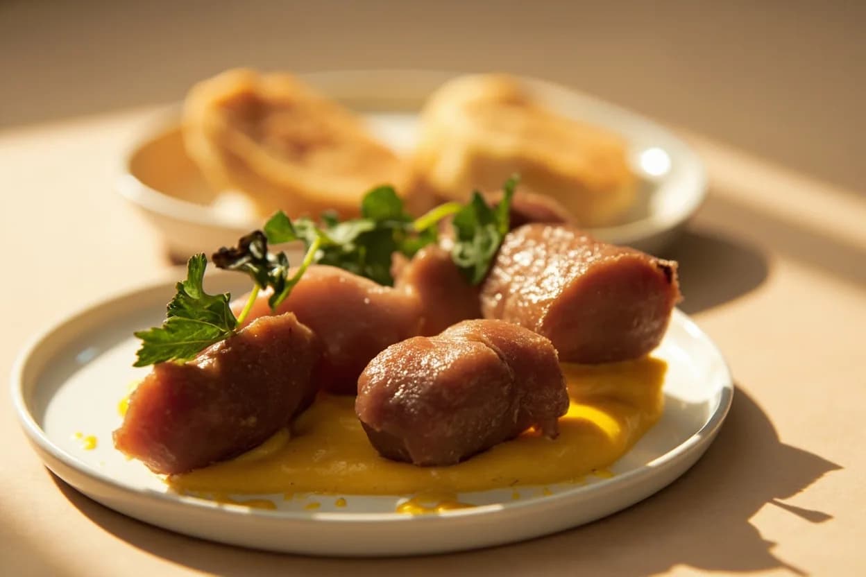 Foie Gras: Just-Set Center in practice — Foie gras torchon with brioche. No other culinary fat subject has a target temperature range as compressed as foie gras.