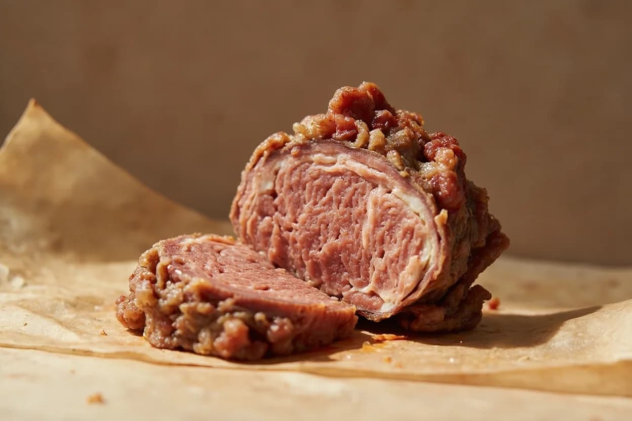 Ground Pork Safe Temperature at 71°C / 160°F. At 71°C, both myosin and actin have fully denatured throughout the mass. Visual cues: No pink color anywhere in a cross-section — uniform gray-brown or white throughout, Juices run completely clear with no pink tinge, Patty or meatball feels firm and springs back solidly when pressed.