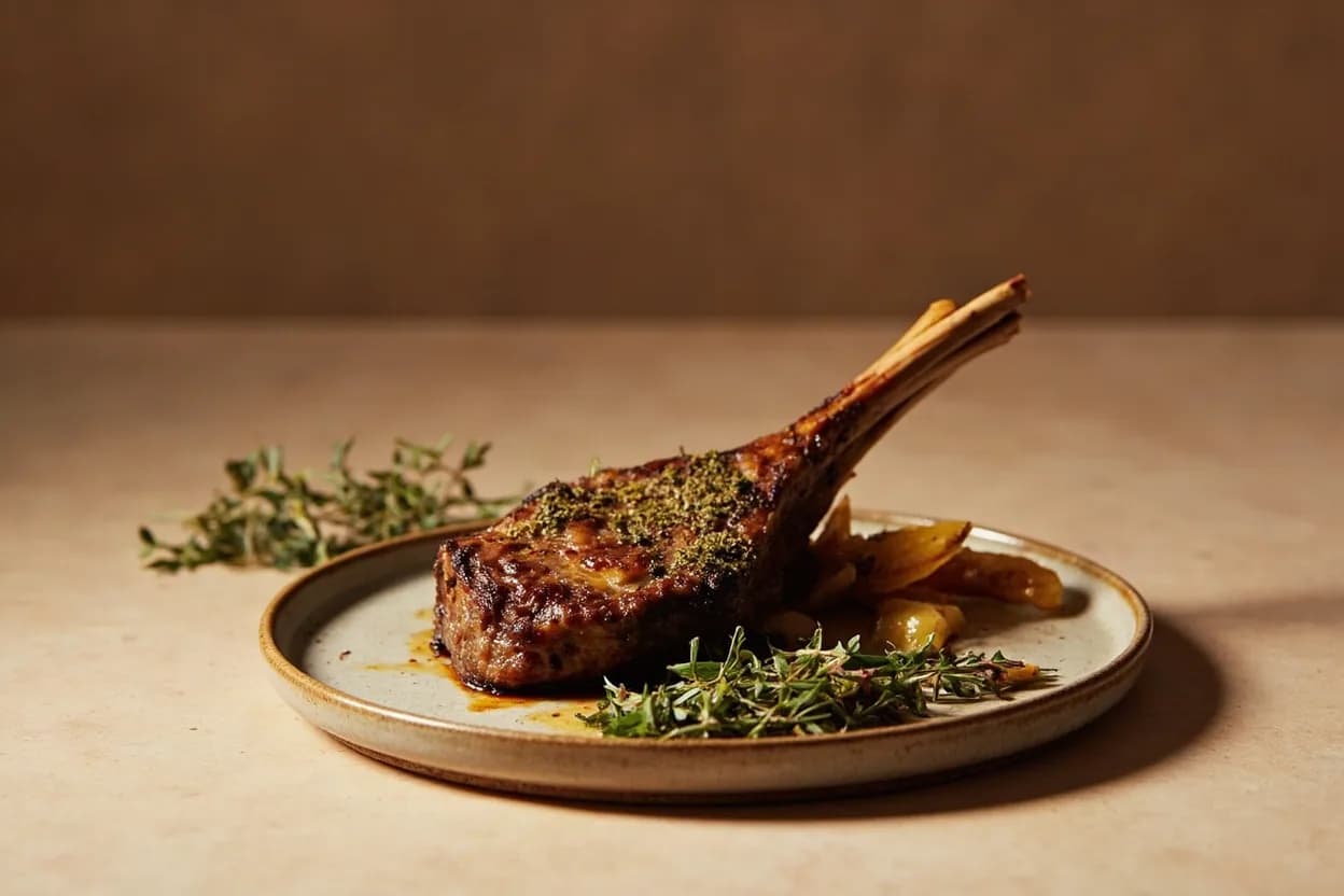 Lamb: Doneness Stages in practice — Rack of lamb with herb crust. In France, agneau is served saignant (bloody, 55–57°C) or rosé (58–62°C); well-done lamb is considered a culinary error.