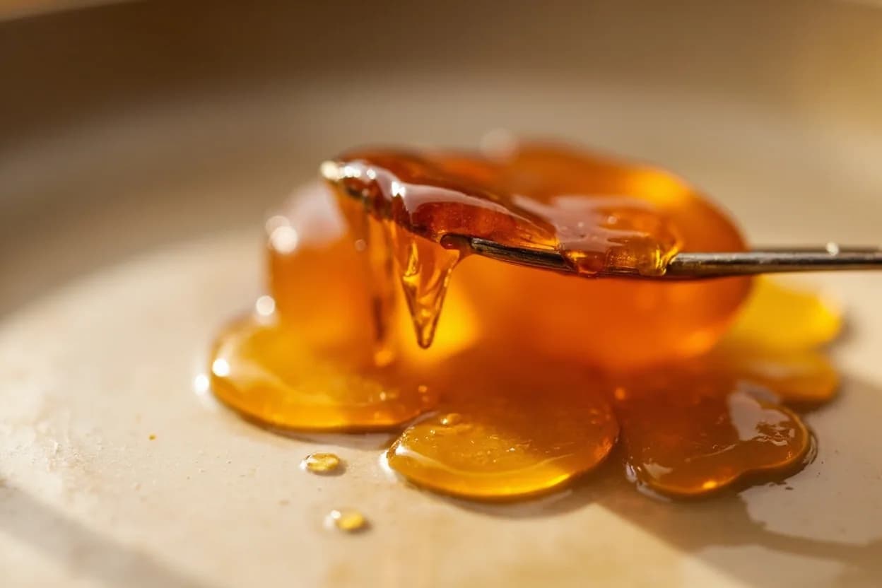 Marmalade Set Point at 104–105°C (219–221°F). Citrus pith is rich in HM pectin (protopectin is released and solubilized during the long initial cook of the peel). Visual cues: Flake test on a cold metal spoon: dip a cool spoon in the boiling marmalade, hold horizontally and tilt — two drops should merge and fall as a single slow, thick flake or sheet that holds its shape briefly before dropping, Wrinkle test on a cold plate: a small amount placed on a chilled plate will wrinkle and hold an indent rather than flooding when pushed, Color shifts from pale amber to rich, translucent orange-gold as concentration rises.