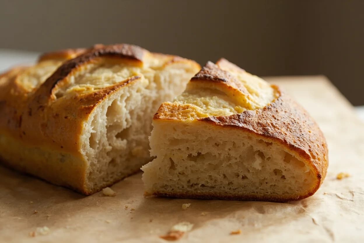 Oven Spring Completion at range. Oven spring is the dramatic surge of volume that occurs immediately after shaped dough enters a hot oven. Visual cues: The loaf has visibly risen and expanded along any scored slashes or around the sides of a pan, The surface has transitioned from shiny-damp to matte-dry; steam is no longer visibly rising from the surface, Scored slashes have fully opened ('bloomed') and the 'ear' (the flap of crust at the score) has lifted and set.