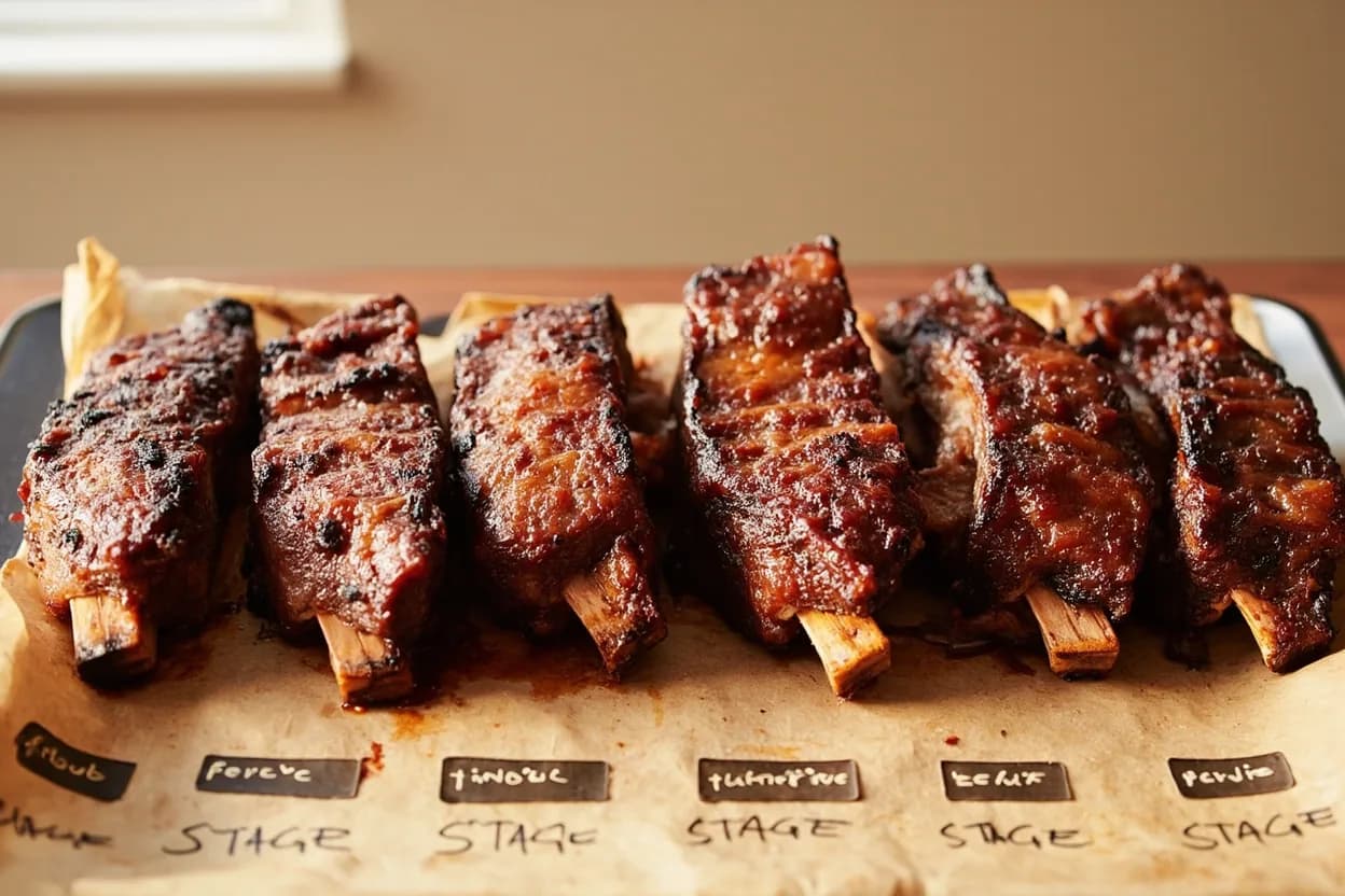 Pork Ribs: Probe-Tender & Bend Test in context — the stages just below and above, side-by-side. Pork ribs — spare ribs, baby back ribs, and St. Target reference 90–95°C / 195–203°F (probe-tender zone).