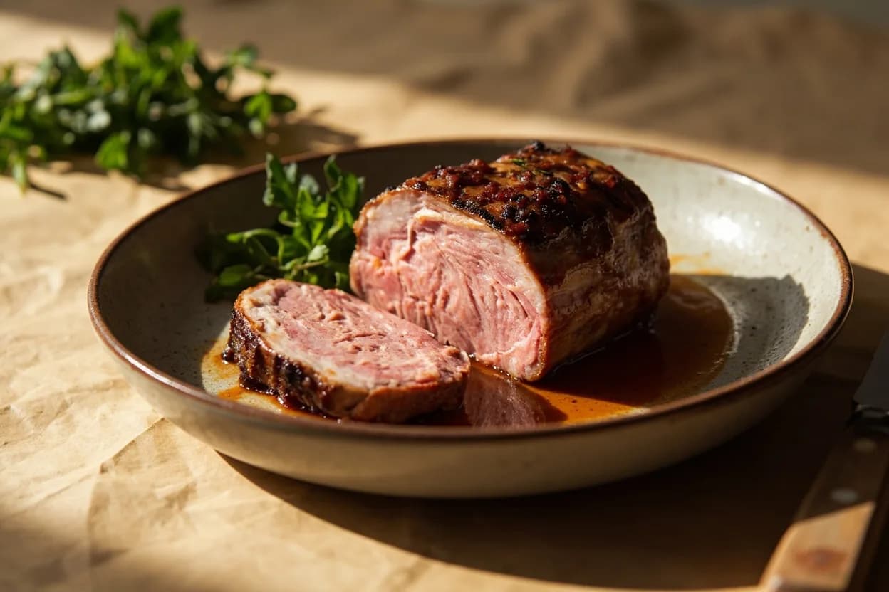 Pork: Safe Whole-Muscle Internal Temperature in practice — Pork tenderloin roast. For decades, American pork was cooked to 71°C or beyond because consumer habit equated any pink with unsafe pork.