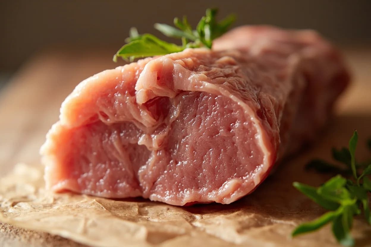 Pork: Safe Whole-Muscle Internal Temperature at 63°C / 145°F. At 63°C, the primary structural proteins — myosin (denatures fully around 50–55°C) and actin (denatures around 65–70°C) — are in a transitional state: myosin has set the structure while actin retains partial functionality, preserving more moisture and tenderness than the old 71°…. Visual cues: Center of loin or chop shows a faint blush of pale pink — not deep red or translucent, Juices run clear to very faintly rosy when pierced at the thickest point, Meat offers firm but yielding resistance when pressed — springs back without feeling rubbery or hard.