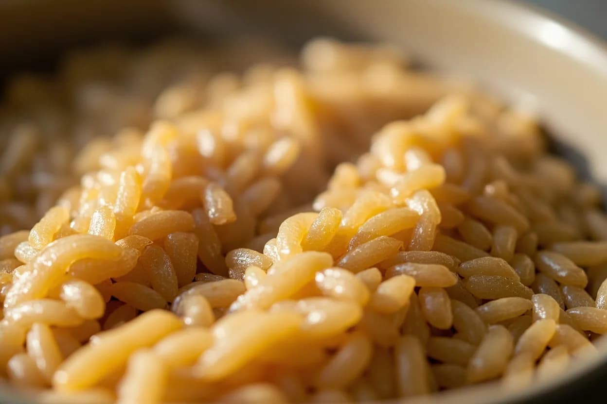 Rice: Absorption & Steam-Off Endpoint at 100°C / 212°F. During absorption cooking, water enters rice grains by diffusion and osmosis, and heat causes starch granules inside each grain to swell and gelatinize. Visual cues: No visible standing water or pools on the surface of the rice, Small craters or steam holes pock the surface, indicating steam is escaping upward through the grain bed, Lid condensation shifts from heavy dripping to light steam.