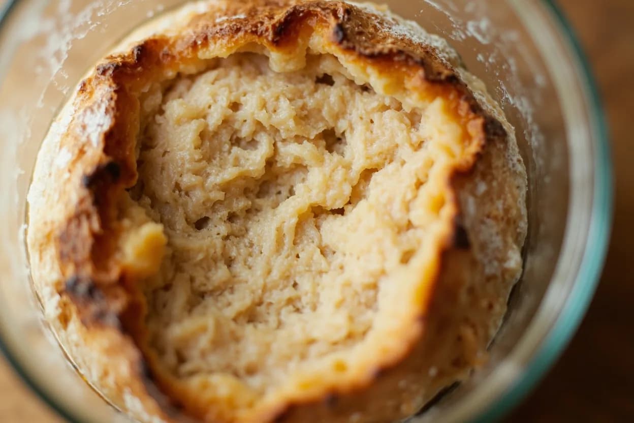 Sourdough Bulk Fermentation Cues at Dough temperature 24–26°C (75–79°F) optimal; bulk duration varies 4–12 hours depending on temperature and starter percentage. Wild yeast (primarily Saccharomyces cerevisiae and Kazachstania humilis/Candida humilis) ferments maltose and glucose derived from enzymatic starch breakdown, producing CO₂ gas that inflates the gluten network. Visual cues: 50–75% volume increase from the original dough mass — a straight-sided container with a rubber band marker is the most precise way to track this, Surface is domed, with a slight convex crown rather than flat or concave — a concave surface signals over-fermentation, Visible bubbles on the surface (1–4mm) and on the sides of the container through the glass.