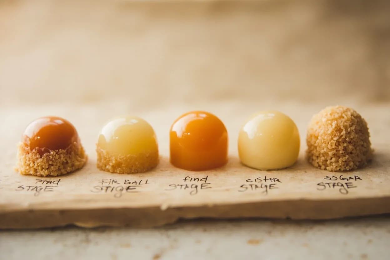 Sugar: Firm Ball Stage in context — the stages just below and above, side-by-side. The firm ball stage is reached when a sugar syrup has been concentrated to the point that a small amount dropped into ice-cold water can be shaped into a ball that holds its form firmly but can still… Target reference 119–121°C (246–250°F).