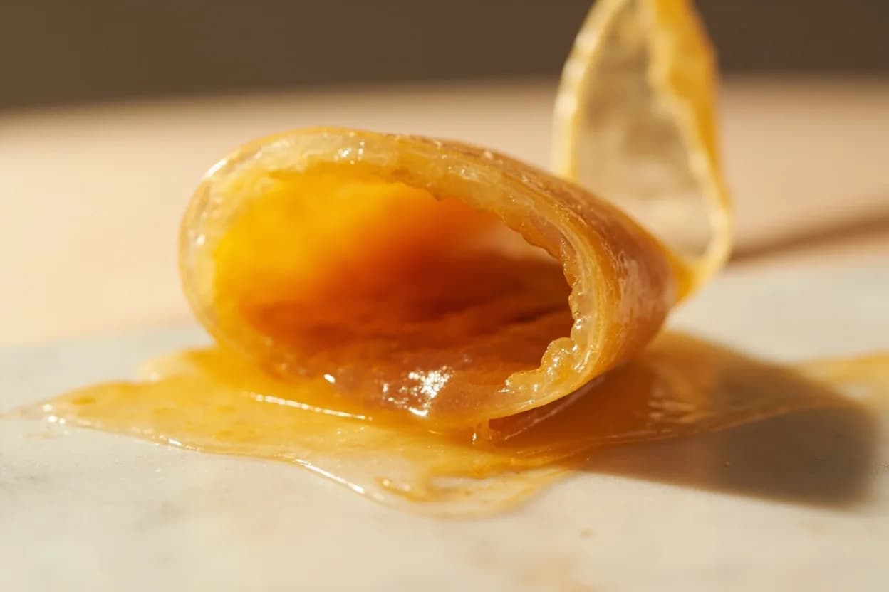 Sugar: Soft Crack Stage at 132–143°C (270–290°F). At these temperatures caramelization of sucrose accelerates markedly, generating dozens of aromatic degradation products — diacetyl, furanones, lactones, and maltol — that deliver the characteristic butterscotch and toffee aromas. Visual cues: Threads pulled in ice water are firm, hold their shape, bend without snapping, and feel slightly sticky between the fingers, The syrup has a pronounced golden-amber colour and releases rich butterscotch and caramel aromas, A drop on a cold marble slab spreads minimally and sets to a firm, bendable sheet within seconds.