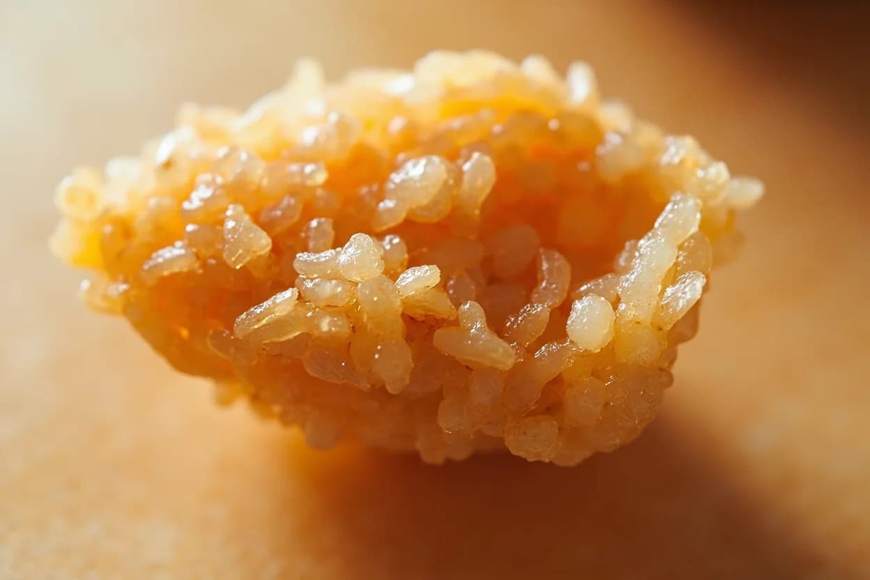Sushi Rice Temperature (Body-Warm, ~37°C) at 37°C / 99°F. Cooked rice starch exists in a gelatinized, amorphous state immediately after cooking. Visual cues: Rice feels warm but not hot when touched with the back of the hand or wrist — neither uncomfortable nor cool, Grains hold together when squeezed lightly but separate with gentle pressure — not clumped into a solid mass, A faint, pleasant vinegar aroma rises from the rice without sharp acidity.