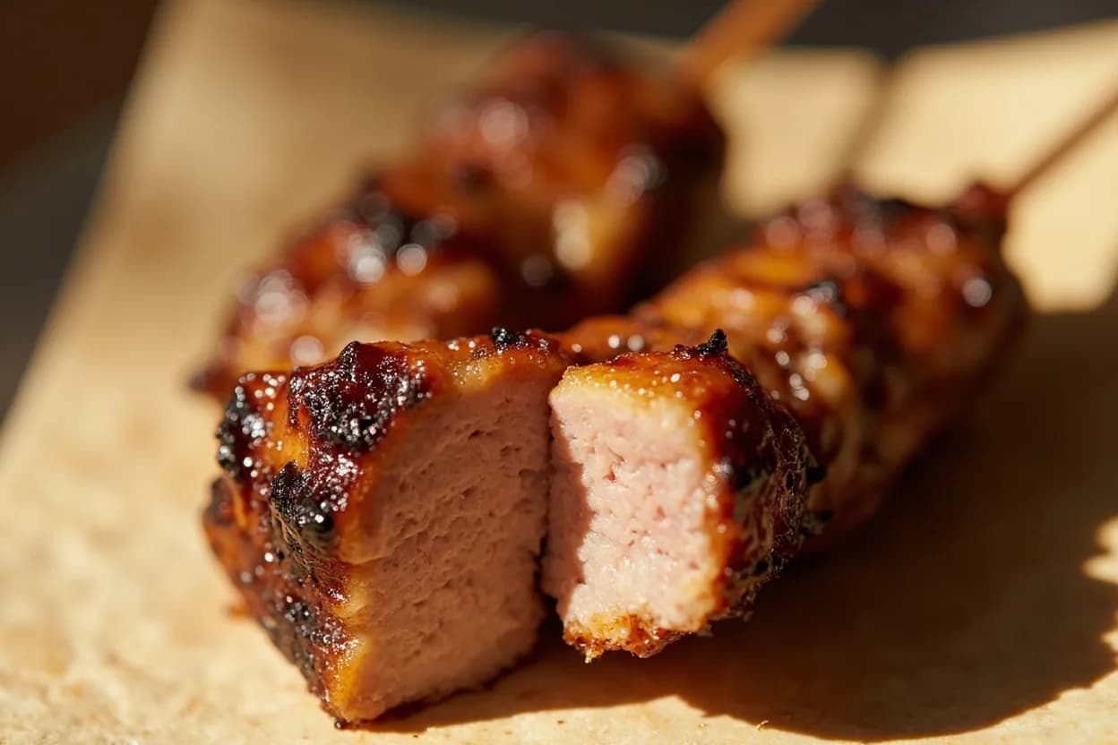 Yakitori: Doneness by Protein Part at 63°C (145°F) for liver; 65–68°C (149–154°F) for breast; 70–74°C (158–165°F) for thigh; skin judged visually. Breast meat (mune) is lean fast-twitch muscle with minimal collagen. Visual cues: Breast (mune): flesh is barely opaque with a faint translucency at the very center; springs back lightly under finger pressure, Thigh (momo): exterior is deeply caramelized with tare glaze; juices run clear-gold when pierced; interior is uniformly opaque with moist sheen, Liver (rebā): exterior is firm and lightly charred; a cross-section shows a rosy-pink center, not gray; texture creamy, not grainy.