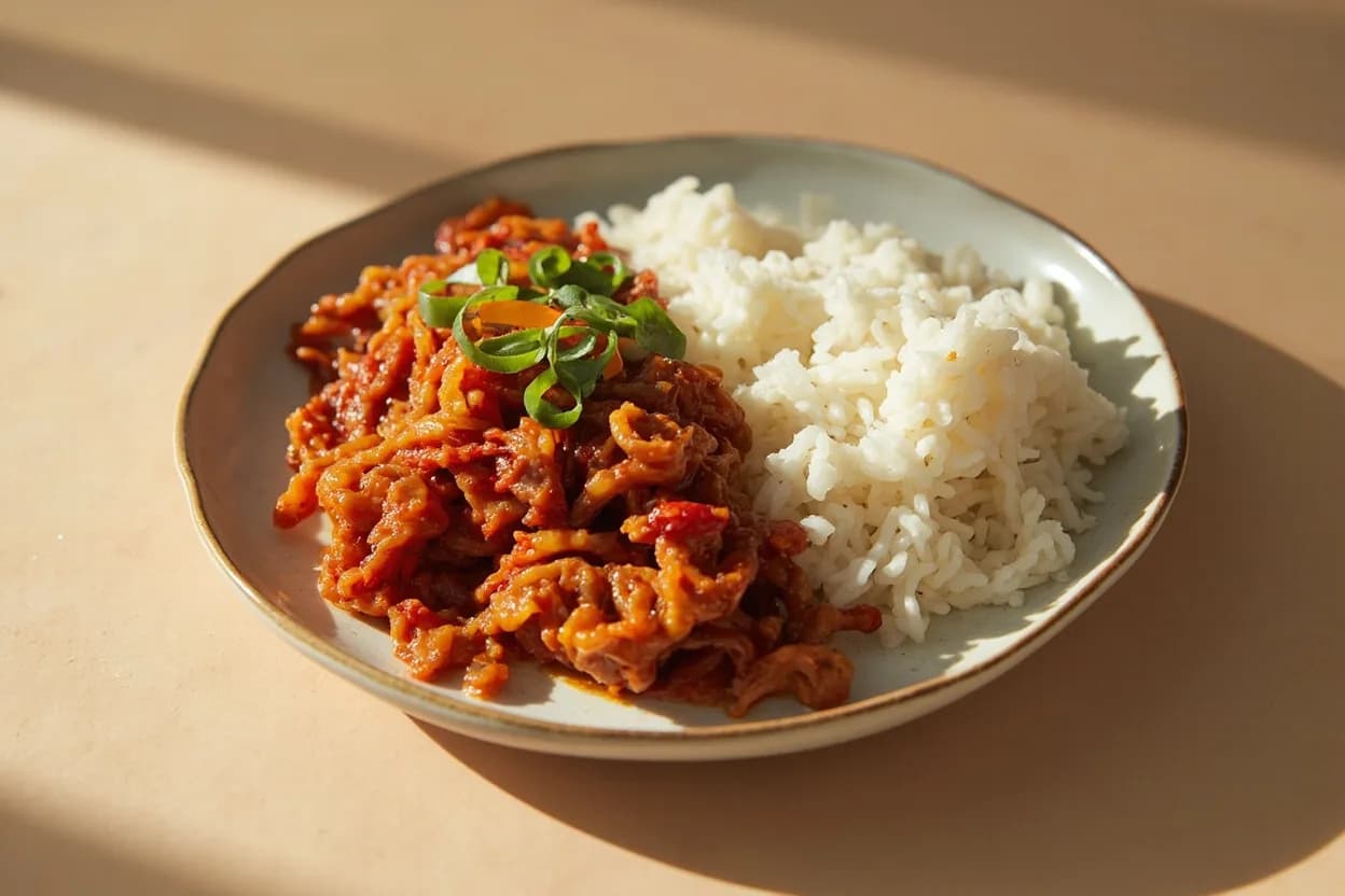 Lao Gan Ma Crispy Chili paired with plain steamed white rice (Chinese) — the canonical affinity made visible. The Lao Gan Ma company's own tagline positioning: a spoonful on plain rice is a complete meal for millions of Chinese students and workers.