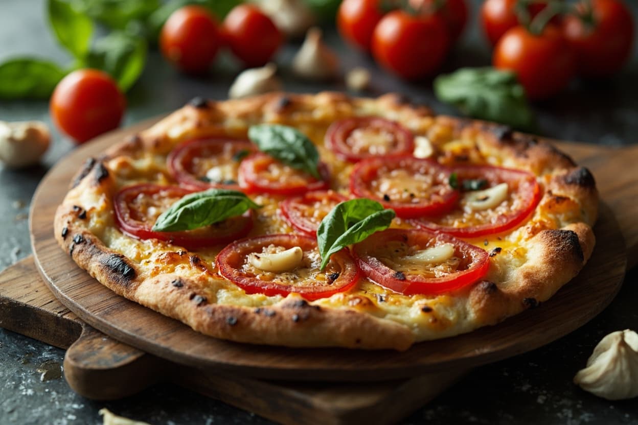 Tomato and garlic flatbread pizza
